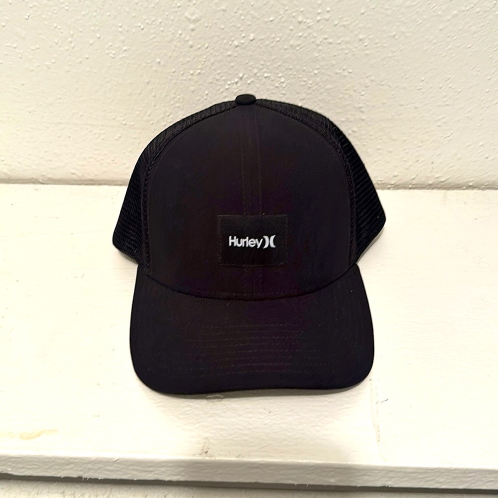 Black Hurley Trucker Hat, front square logo, black netting, SnapBack adjustment